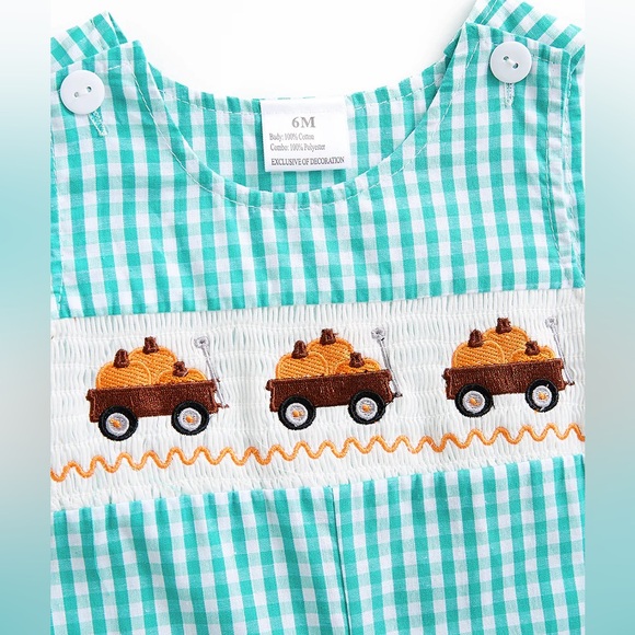 New green check Longall Jon Jon w/ Pumpkins in wagon Size 6M & 18M available - Picture 1 of 4
